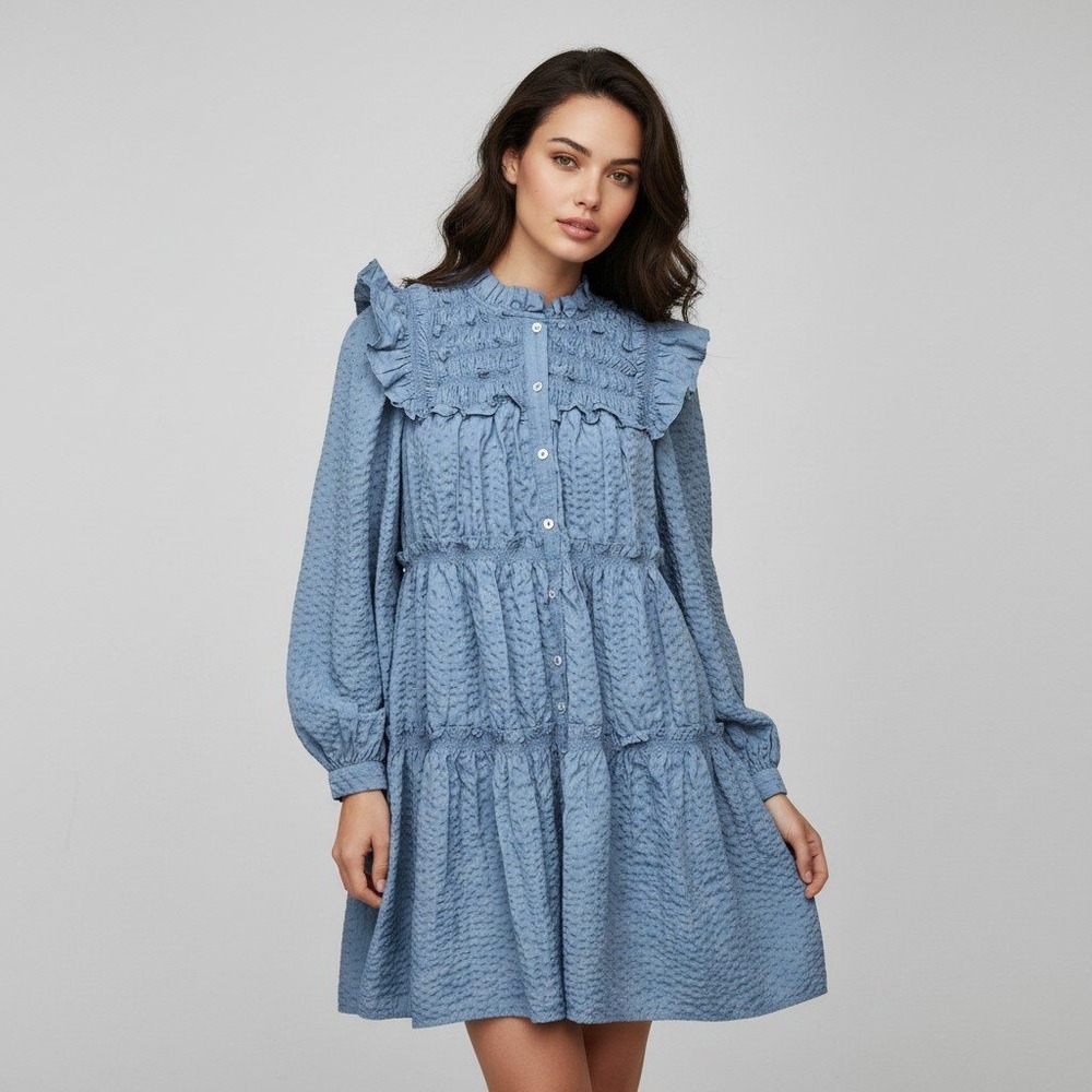 Sea New York Blue Seersucker Smocked Ruffle Tiered Mini Dress Size Small